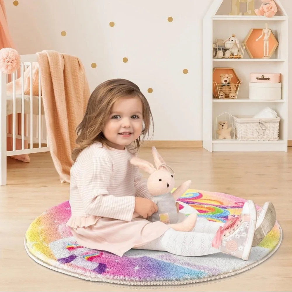 NIP Unicorn Bath Mat Plush Rug Lisa Frank Style Round Rug Home Decor Magical Uni